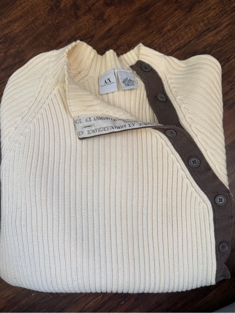 A/X Armani Exchange Cream Knit Cardigan with Brown Button Trim